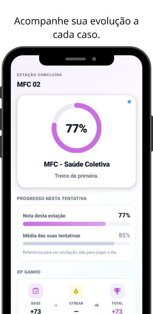Tela de resultado com nota percentual e progresso por tentativa